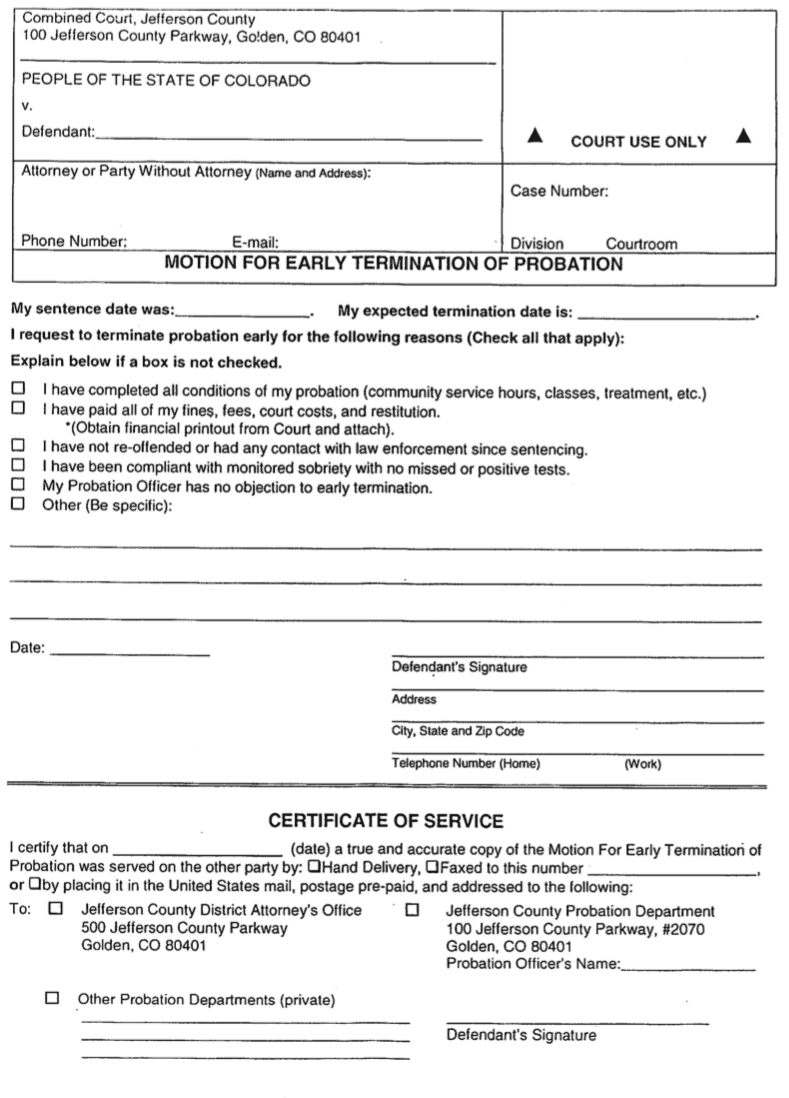 Example Motion for Early Termination of Probation Example Motion for Early Termination of Probation